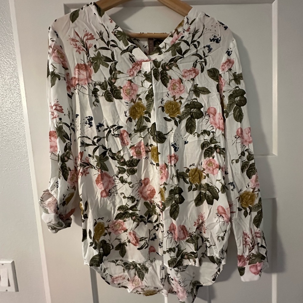 Floral V-Neck Button Front Blouse in White with Pink & Olive